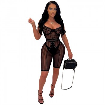 Lace Sheer Mesh Jumpsuit V Neck Spaghetti Straps Backless Skinny Shorts Overalls Night Clubwear Romper